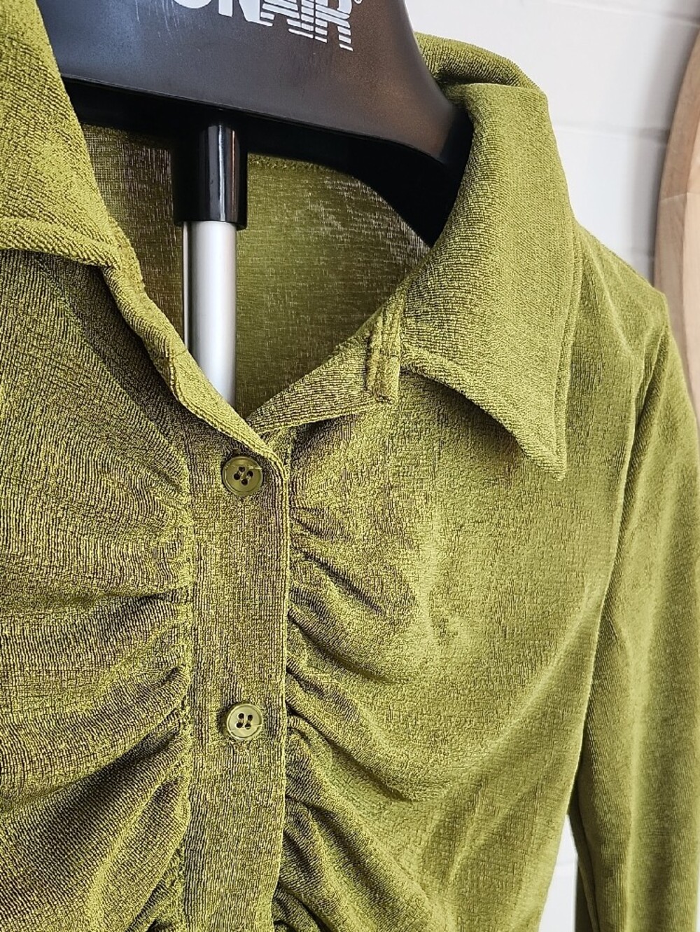 Green Ruched Button-Front Women's Top - Picture 2 of 6